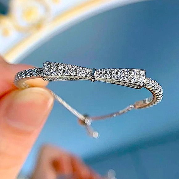 Silver Bracelet, Bow Tie Bracelet, Bowknot Bracelet, Cubic Zirconia, Anniversary - Picture 8 of 16
